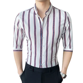 2022 Poletje Novih kakovostnih v korejskem slogu, črtasto majico men ' s tri četrtine rokav stretchy slim mladi lep M-5XL majica