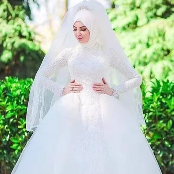 2023 Hidžab Dolg Rokav Muslimanskih Poročno Obleko Pisane Čipke Aplicirano Puhasto Pometanje Vlak Poročne Obleke Prilagodljive Barve