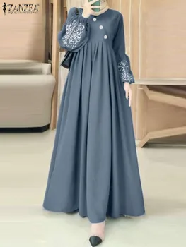 2024 Islamski način Oblačenja ZANZEA Ženske Elegantne Maxi Sundress Ramadana Abaya Haljo Femme Vzročno Dolg Rokav Gumbi Up Vestidos