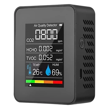 5 v 1 Kakovost Zraka Monitor TVOC HCHO Temperatura Vlažnost CO2 Meter, USB za Polnjenje CO2 Detektor Črna