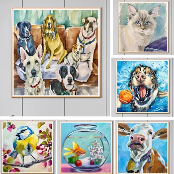 Akvarel Živali Platna Slike Psa, Mačko, Kravo Ptica Srčkan Risanka Plakatov in Fotografij Wall Art Slik, ki jih Otroci Soba Doma Dekor