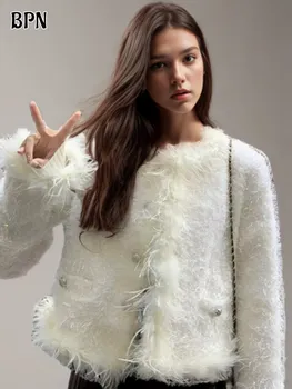 BPN korejski Temperament Jopiči Za Ženske okoli Vratu Long Sleeve Solid Mozaik beloprsi Singl Moda Zimski Plašč Ženski Slog