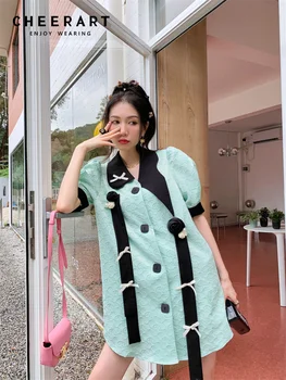 CHEERART Puff Rokav Jacquardske Cyan Oblikovalca Visoke Mode Oblačenja Za Ženske Gumb Gor Kratek Rokav korejski Moda Mini Obleka za Poletje