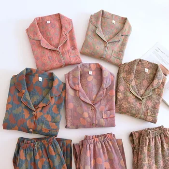 Etnične Slog Tiskanja Pižamo za Ženske 2 Kosa Obleko Loungewear Bombaž Jacquardske Gaza Sleepwear Dolg Rokav Retro Priložnostne Pijamas