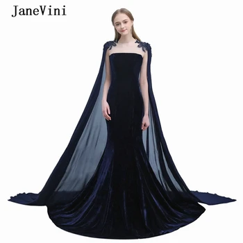JaneVini 2021 Luksuzni Dubaj morska deklica Dolge Večerne Obleke z Cape Appliques Beading Mornarsko Modra Savdska Arabija Žamet Formalno Oblek