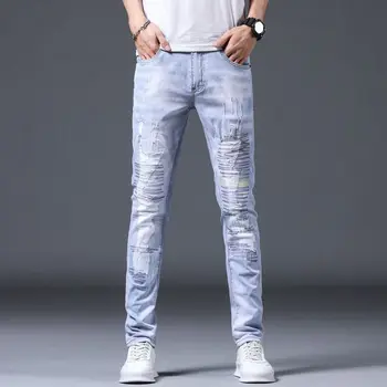 Jeseni in Pozimi Light Color Modne blagovne Znamke Jeansa, Moške Raztrgala Vezenje Obliž Osebno Stretch Dokolenke Retro jeans hlače