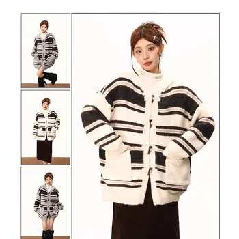 Korejski Moda Rog Sponke Hooded Pleteni Pulover Plašč Dolg Rokav Svoboden Leni Veter Pletenje Plašč Retro Brezrokavniki