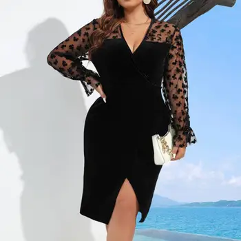 Laskavi A-line Obleko Elegantno Plus Velikost V-neck Čipke Bodycon Obleka Ženske Mode za Jesen/zimo Dolg Rokav Midi Clubwear