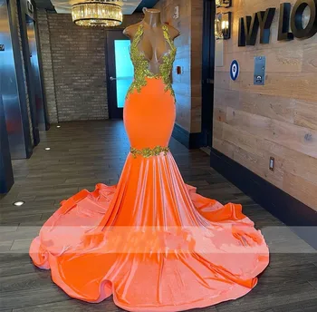 Moda Oranžna Žamet Dolge Obleke Za Maturantski Ples Black Ženske 2022 Povodcem Čipke Appliques Morska Deklica Večer Formalno Halje, Halje De Soirée