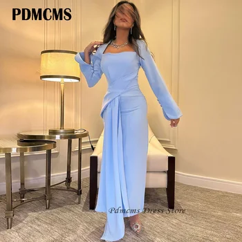 PDMCMS Elegantno Baby Blue Savdska arabski Maturantski Halje morska deklica Kvadratnih Ovratnik, Dolgi Rokavi Stranka Obleke, Ženske Večerne Obleke