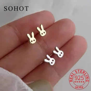 Pravi 925 Sterling Srebro Mini Srčkan Zajec Stud Uhani za Ženske Minimalističen Japonski Živali Fine Nakit Uho Luknjo Dodatki