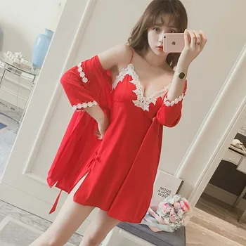 Razkošna in seksi doma nightgown sleepwear obleko s prsi blazine rdečo haljo dveh kosov imitacije svile saten haljo set