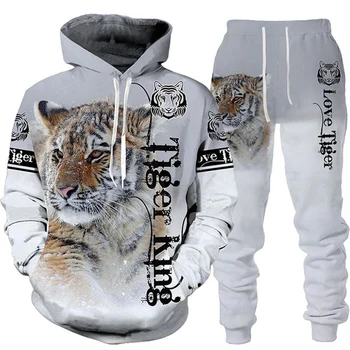 Tiger Moda 3D Tiskanih Moški Puloverji s kapuco Majica Nastavite Hlače, Športna Trenirka Unisex Oblačila Obleko