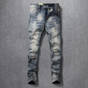 Ulične Mode Moške Jeans Retro Oprati Modra Stretch Fit Slim Ripped Kavbojke Moški Vezenje Oblikovalec Letnik Traper Hlače Hombre