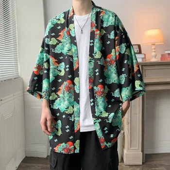 Ulične Moške Poletne Kimono Natisnjeni Suknjič 2023 Trendy Windbreaker Men ' s Cardigan Suknjič Plus Velikost Sonca Zaslon Plašč