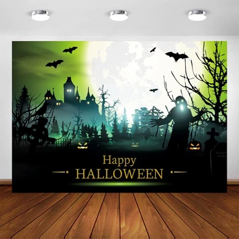 Yeele Halloween Ozadje Photocall Luna Drevo Bat Pumpkin Lantern Pokopališča Zeleni Podlagi Fotografiji Foto Studio Photophone