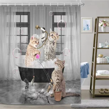 Zabavno 3D Mačka Tuš Zavesa Zabavno Živali v Kad z Jed Krpo Tuš Zavesa Smešno Pet Kopalnica Dekoracijo Nastavite s Kavljem