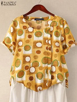 ZANZEA Moda za Ženske Vrhovi Počitnice Polka Dot Print Majica 2023 Poletje Priložnostne Pleating Kratek Rokav Vintage Bluze O-vratu Tunics