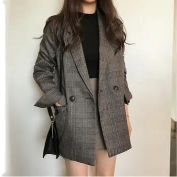 Ženske Zimske Kariran Jopiči, Plašči Korejski Moda Elegantno Trdna Debel Suknjič Ženska Dvojno Zapenjanje Urad Dama Dolgi Suknji